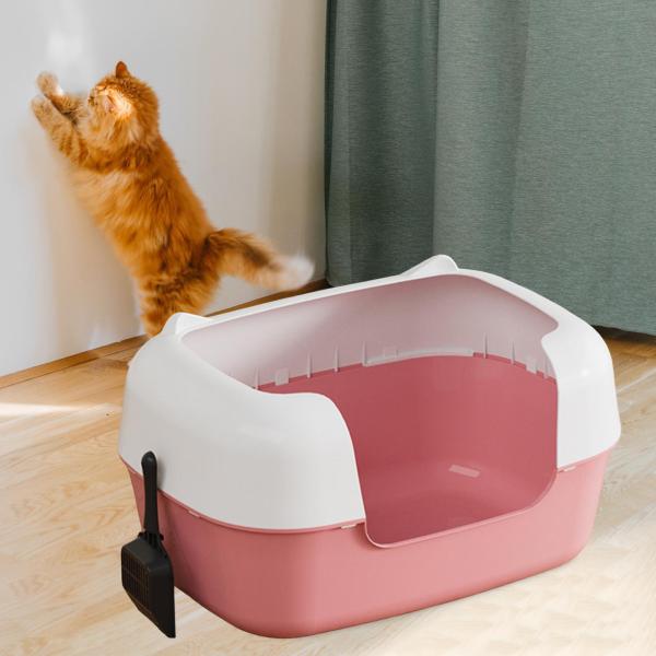 オープントップペット用トイレボックス 高さのある猫用トイレパン 小型・大型猫用 ピンク