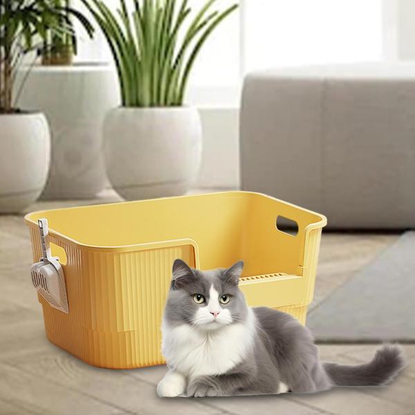 猫用トイレ ハンドル付き ポータブルペット猫トイレ 砂場 室内猫用 黄色