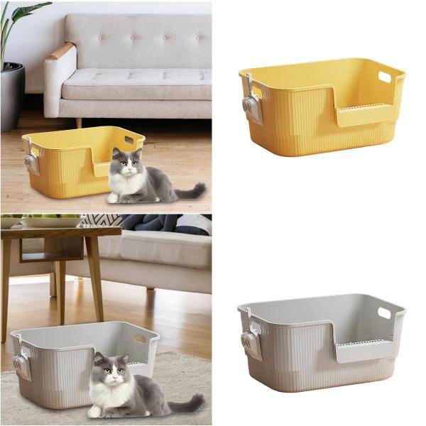 猫用トイレ ハンドル付き ポータブルペット猫トイレ 砂場 室内猫用 黄色