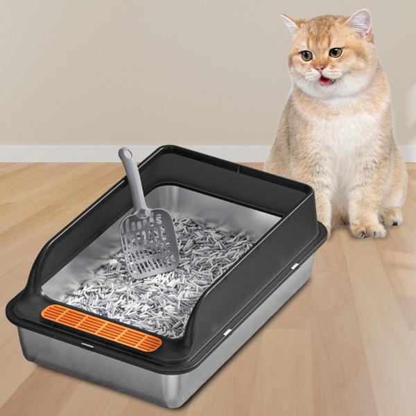 ステンレススチール製猫用トイレ 猫用砂場 オープントップ 猫用便器 半密閉式 ブラック