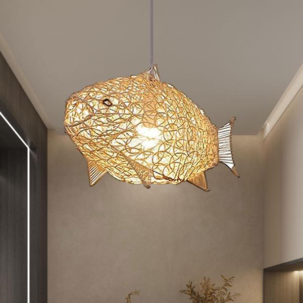 魚の形をしたランプシェード 竹製電球ガード 寝室 キッチン アイランド ファームハウス つる魚