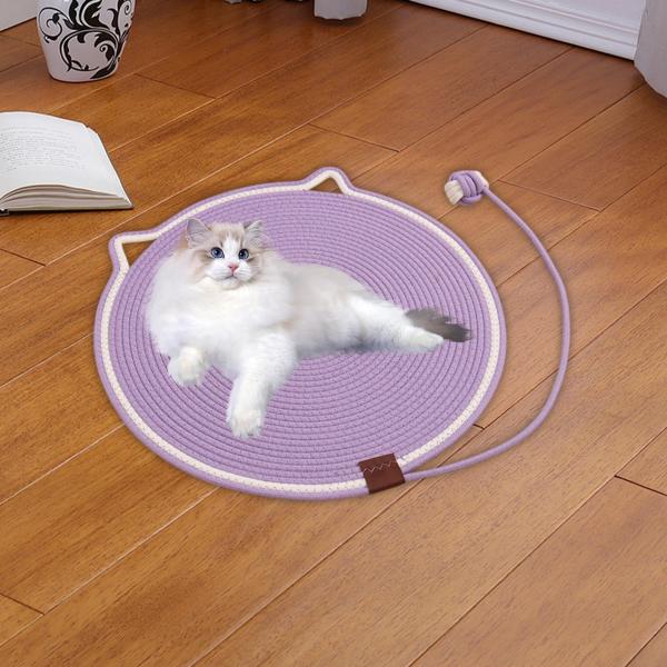 猫の爪とぎマット コットンロープ ラウンド 19.7インチ 猫の爪とぎパッド 壁遊び用 パープル