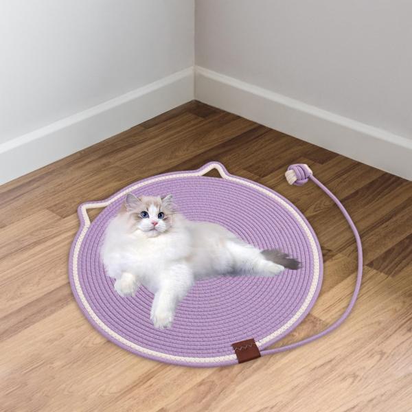 猫の爪とぎマット コットンロープ ラウンド 19.7インチ 猫の爪とぎパッド 壁遊び用 パープル
