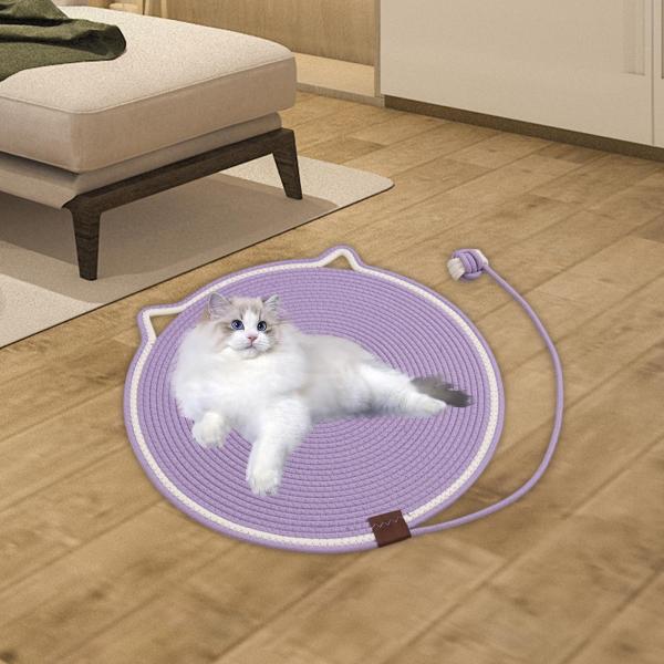 猫の爪とぎマット コットンロープ ラウンド 19.7インチ 猫の爪とぎパッド 壁遊び用 パープル