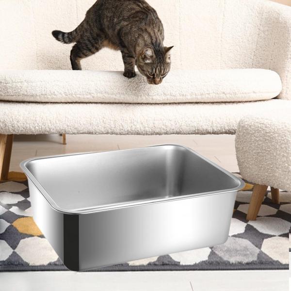 猫用トイレボックス ステンレススチール製 ベッドパン 防滴 オープントップ 頑丈な砂入れ 高さ10cm