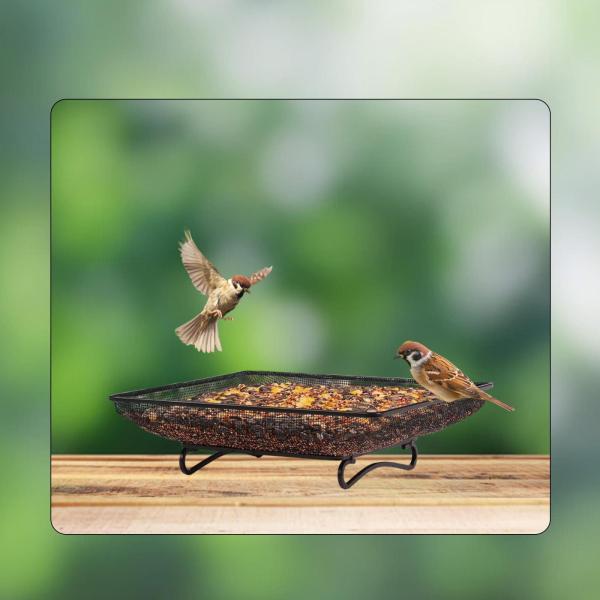 地上バードフィーダー シードホルダー 自立式 金属メッシュ スクエアプラットフォーム 盛り上がったシードトレイ 屋外ヤード 野鳥用