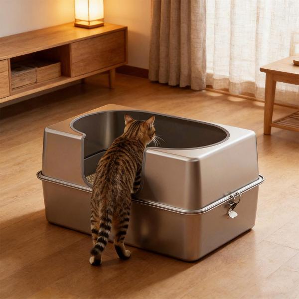 ステンレス製猫用トイレ、お手入れ簡単、高い側面付き猫用トイレトレイ S