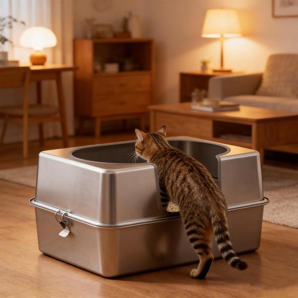ステンレス製猫用トイレ、お手入れ簡単、高い側面付き猫用トイレトレイ S