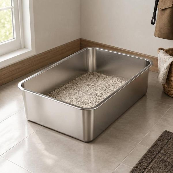 特大大容量猫用トイレトレー 飛び散り防止ステンレス製トイレトレー 消臭ペット用品 40x30x20cm