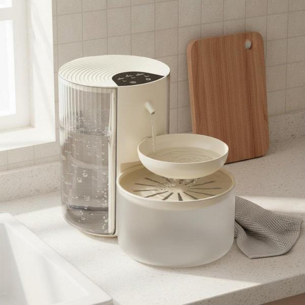 自動給水器セパレーター付き猫用給水器 USB電源 3L 猫用給水器 ダブルタンク設計 クリーム色 加熱式ステンレスボウル