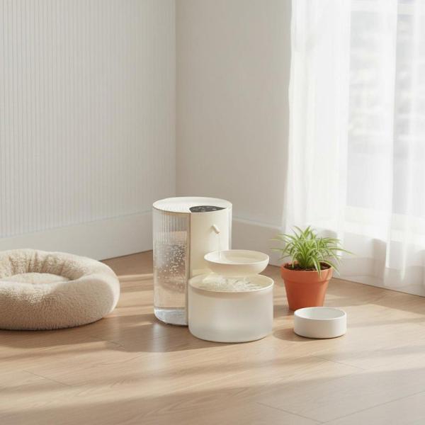 自動給水器セパレーター付き猫用給水器 USB電源 3L 猫用給水器 ダブルタンク設計 クリーム色 加熱式ステンレスボウル