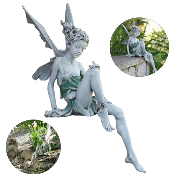 座っている妖精の像噴水池レッジ妖精と翼の庭の彫像ホームシェルフ置物裏庭パティオ耐候性彫刻｜stk-shop｜02