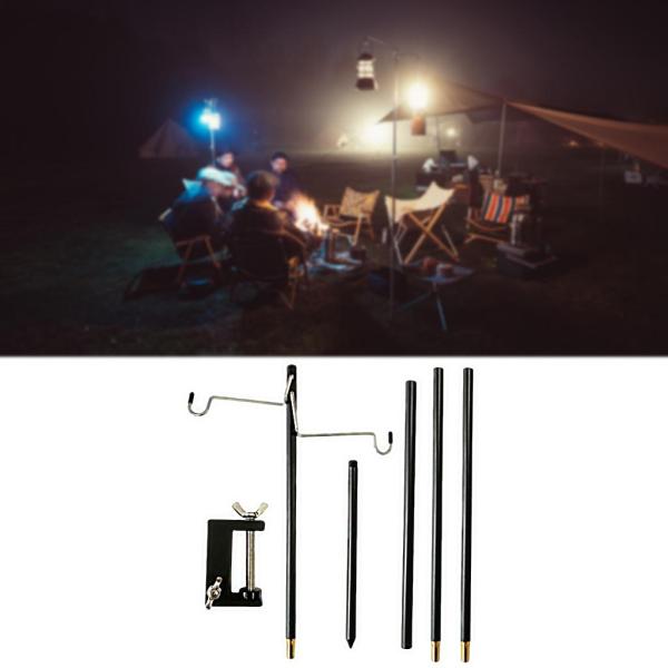 キャンプランタンスタンドポータブル折りたたみ式屋外フィッシングランプポールホルダーダブルフック??ブラック