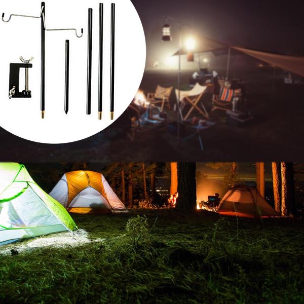 キャンプランタンスタンドポータブル折りたたみ式屋外フィッシングランプポールホルダーダブルフック??ブラック