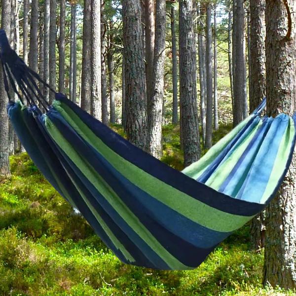 キャンプ ハンモック 丈夫なツリーロープ付き 屋外ハンモック ビーチ ガーデン パティオ用 ブルー 190x150cm