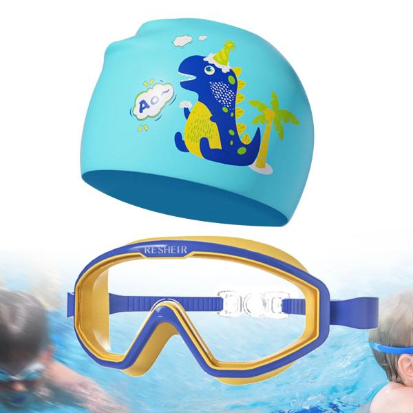 子供用水泳ゴーグル 快適な曇り止め水泳キャップ ダイビング プール用 ブルー イエロー