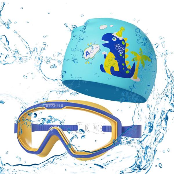 子供用水泳ゴーグル 快適な曇り止め水泳キャップ ダイビング プール用 ブルー イエロー
