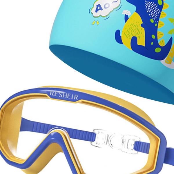 子供用水泳ゴーグル 快適な曇り止め水泳キャップ ダイビング プール用 ブルー イエロー