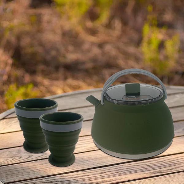 1.5L キャンプ用ケトル カップ2個セット 折りたたみ式ティーポット 家族の再会 ハイキング用 ダークグリーン