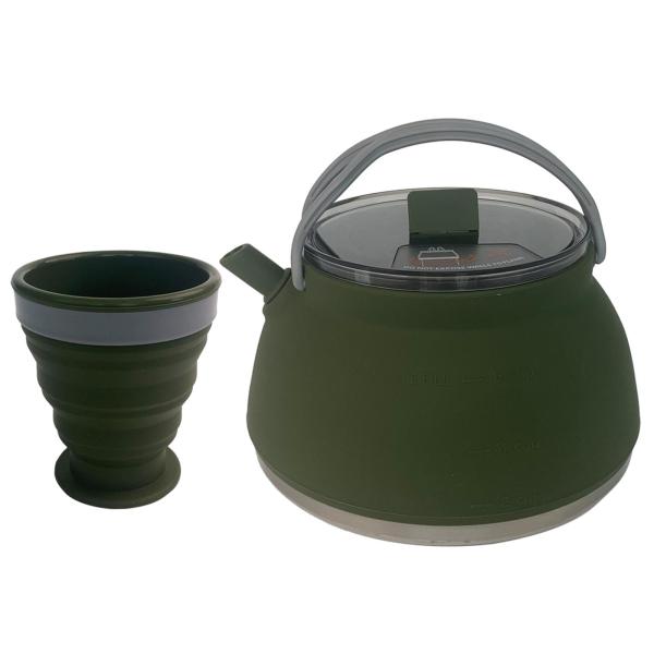 1.5L キャンプ用ケトル カップ2個セット 折りたたみ式ティーポット 家族の再会 ハイキング用 ダークグリーン