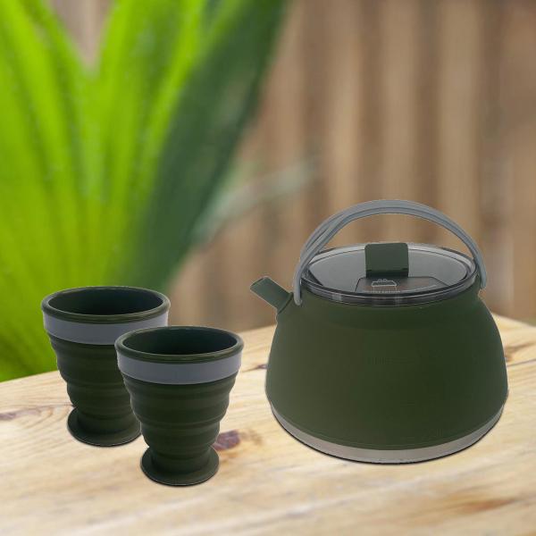 1.5L キャンプ用ケトル カップ2個セット 折りたたみ式ティーポット 家族の再会 ハイキング用 ダークグリーン