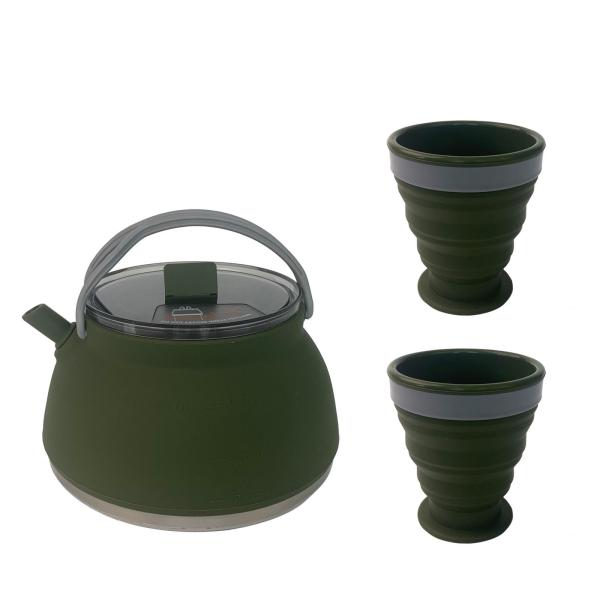 1.5L キャンプ用ケトル カップ2個セット 折りたたみ式ティーポット 家族の再会 ハイキング用 ダークグリーン