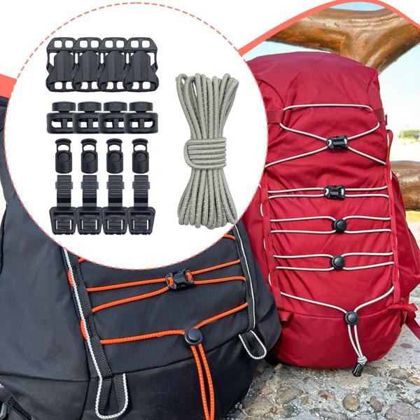 アウトドアバックパック バンジーコード 16個のコードロック付き キャンプ トレッキング 釣り用 グレー
