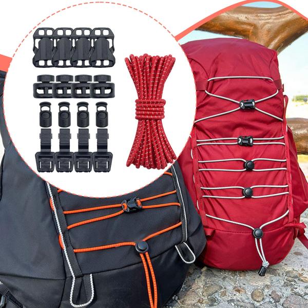 アウトドアバックパック バンジーコード 16個コードロック付き キャンプ トレッキング 釣り用 レッド