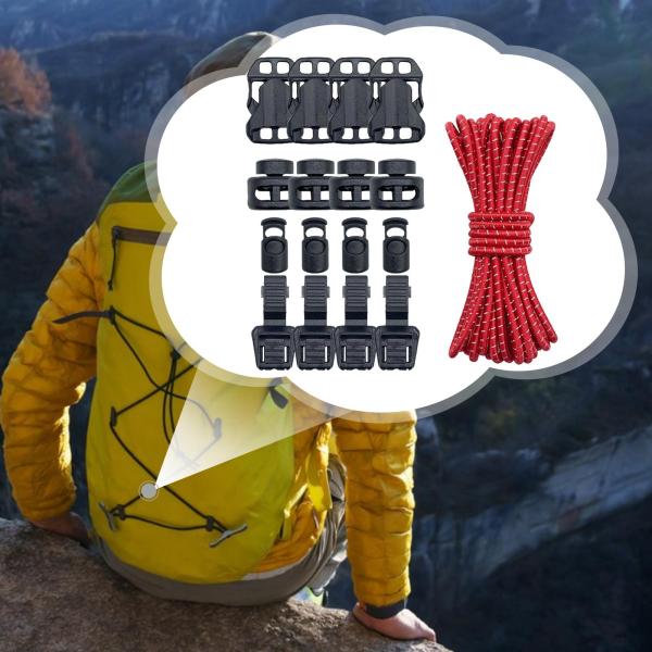 アウトドアバックパック バンジーコード 16個コードロック付き キャンプ トレッキング 釣り用 レッド
