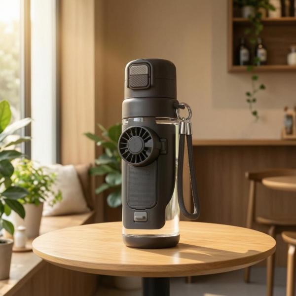 ファン付き水筒 2WAY飲み口 扇風機付きボトル 持ち運びやすい ストラップ水筒 ポータブル ファンボトル 携帯用 容器 学生 子ども用 アウトドア お出かけ 通学用
