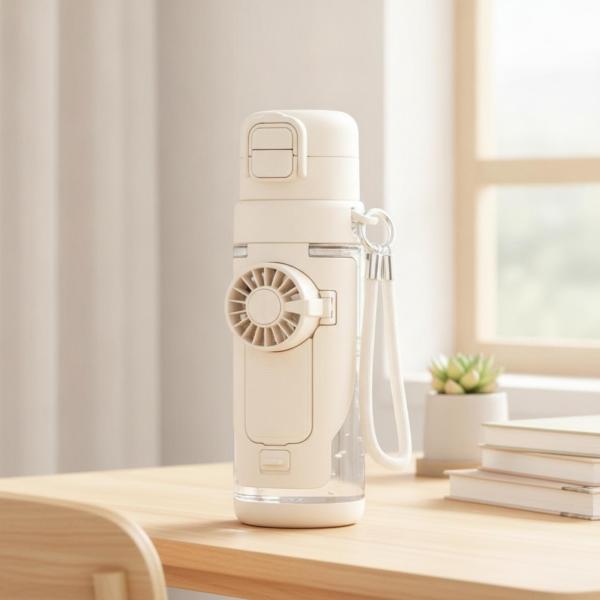 ファン付き水筒 2WAY飲み口 扇風機付きボトル 持ち運びやすい ストラップ水筒 ポータブル ファンボトル 携帯用 容器 学生 子ども用 アウトドア お出かけ 通学用