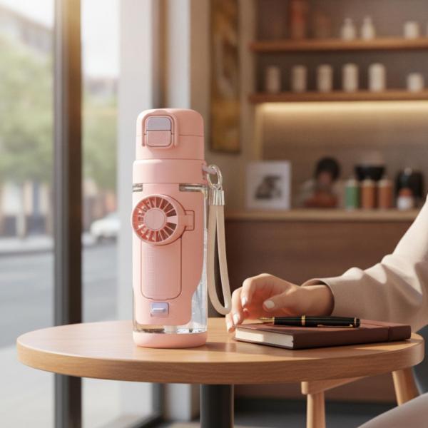 ファン付き水筒 2WAY飲み口 扇風機付きボトル 持ち運びやすい ストラップ水筒 ポータブル ファンボトル 携帯用 容器 学生 子ども用 アウトドア お出かけ 通学用