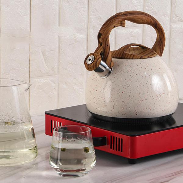 3Lラウドホイッスルティーケトル コンロ用 スタイリッシュなホイッスルウォーターケトル 木製ハンドル付き ティーポット 沸騰水用 キャンプコ