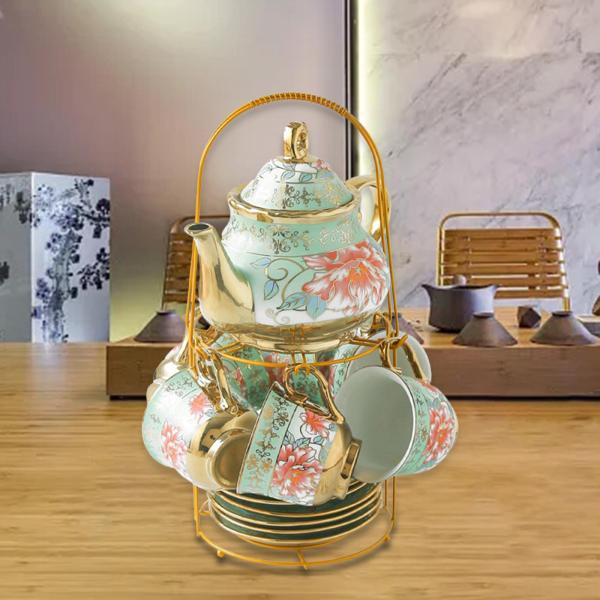 磁器セラミックコーヒーセットティーセット6人分花柄ヴィンテージグリーン