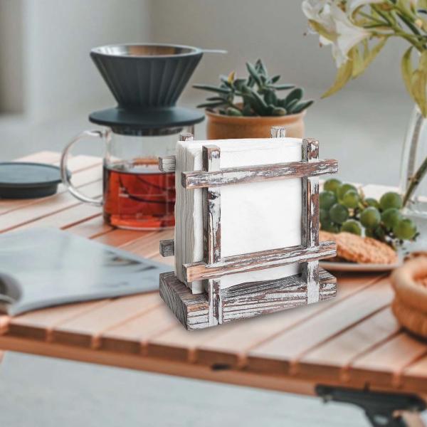 直立ナプキンホルダー、ダイニングテーブルペーパーナプキンディスペンサースタンド、クロスコーナーティッシュホルダー、家庭用素朴なトーチウッドナ