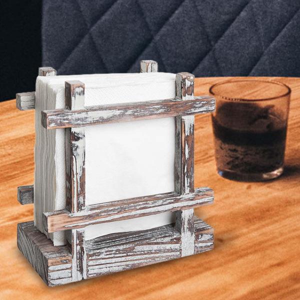 直立ナプキンホルダー、ダイニングテーブルペーパーナプキンディスペンサースタンド、クロスコーナーティッシュホルダー、家庭用素朴なトーチウッドナ