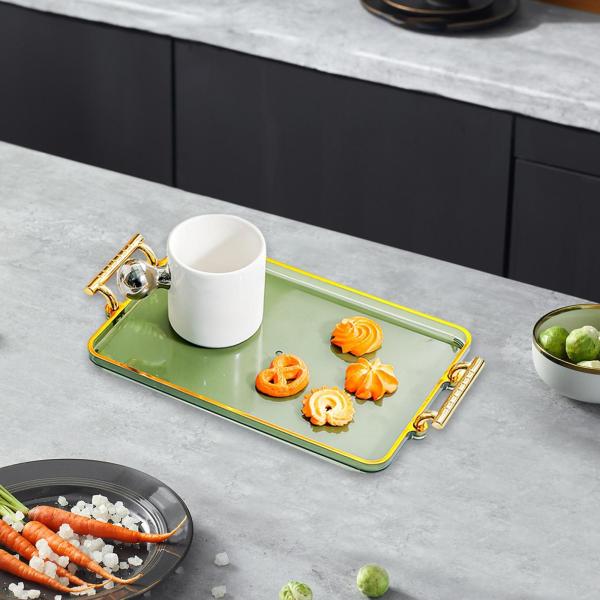 ハンドル付きサービングトレイ 長方形 化粧品収納 デスク オフィス ホテル用 グリーン