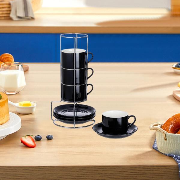 セラミックエスプレッソカップコーヒーカップ、丈夫、磁器、ソーサーと金属スタンド付きエスプレッソマグ、カプチーノコーヒー用に積み重ね可能 , 5オンス