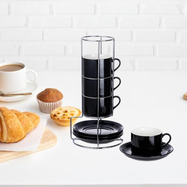 セラミックエスプレッソカップコーヒーカップ、丈夫、磁器、ソーサーと金属スタンド付きエスプレッソマグ、カプチーノコーヒー用に積み重ね可能 , 5オンス