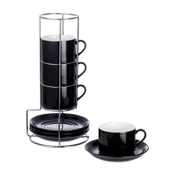 セラミックエスプレッソカップコーヒーカップ、丈夫、磁器、ソーサーと金属スタンド付きエスプレッソマグ、カプチーノコーヒー用に積み重ね可能 , 5オンス