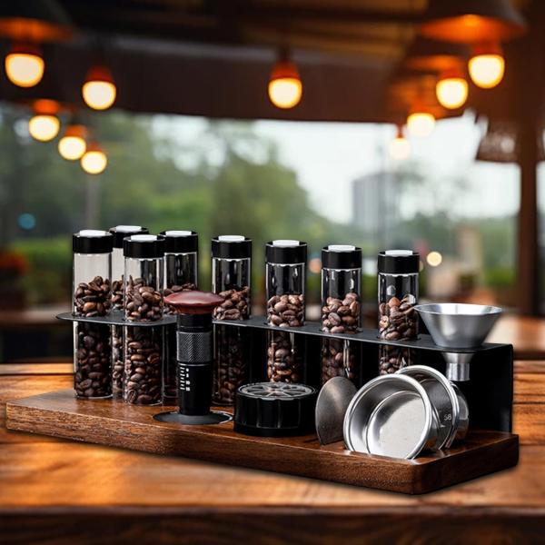 シールされたコーヒービーンセラーズ排気バルブ蓋付きの木製スタンドストレージジャーコンテナ8単一用量コーヒー豆チューブ