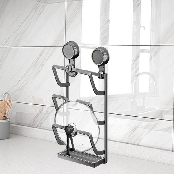 鍋蓋オーガナイザー 防錆 吸盤付き 簡単設置 壁掛け グレー