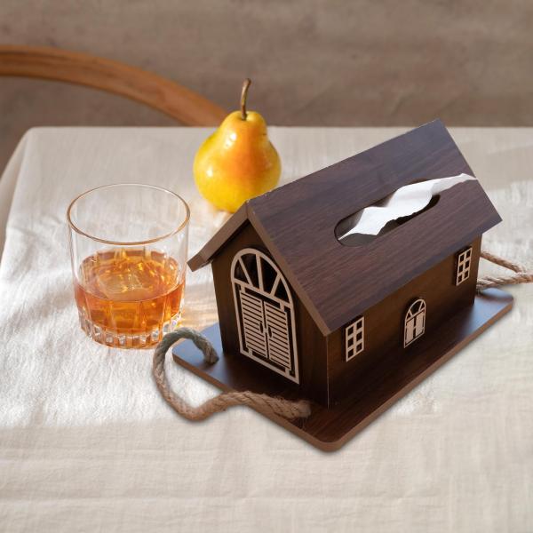 木製ティッシュホルダーと木製トレイ付きティッシュディスペンサー、トイレ洗面所ホテル用ブラウン