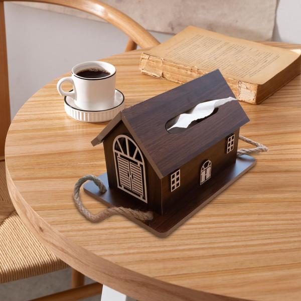 木製ティッシュホルダーと木製トレイ付きティッシュディスペンサー、トイレ洗面所ホテル用ブラウン