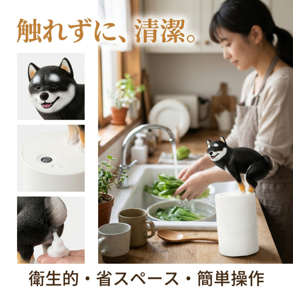柴犬 自動ソープディスペンサー 液体洗剤 防水 細かい泡 自動で出 300ml 液体ソープポンプ タッチレス 省スペース ハンドウォッシュマシン 爆買