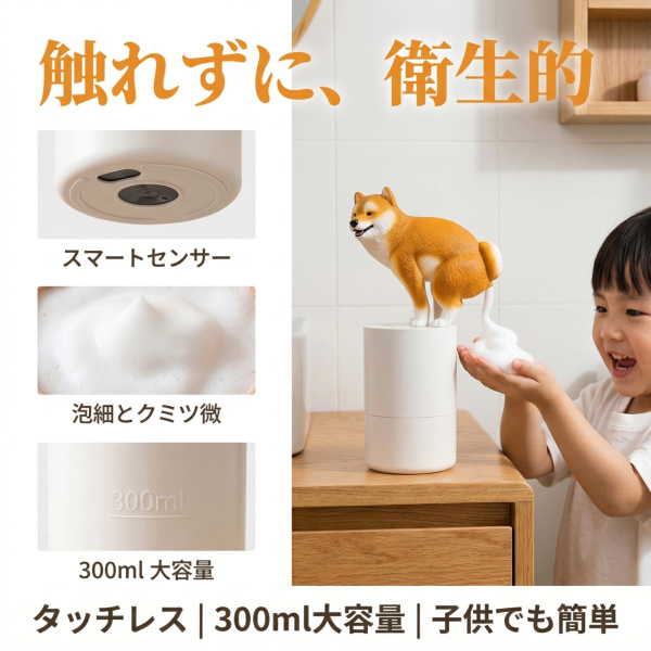 柴犬 自動ソープディスペンサー 液体洗剤 防水 細かい泡 自動で出 300ml 液体ソープポンプ タッチレス 省スペース ハンドウォッシュマシン 爆買
