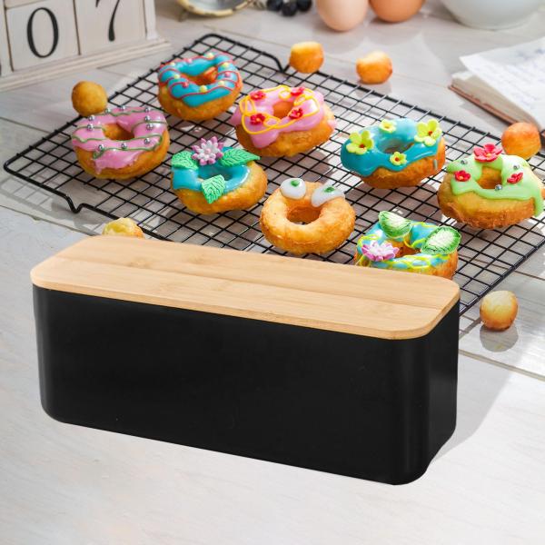 まな板付きブレッドボックス 蓋付き クッキー ドーナツ トースト用 パン箱 ブラック 穴なし蓋
