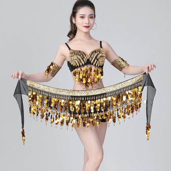 ベリーダンスコスチュームヒップスカーフフェスティバルベルトインドダンスウェアラップスカートブラックゴールド