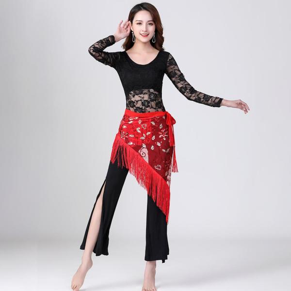 シフォンベリーダンスウエストチェーンヒップスカーフ女性タッセルスパンコールベルトコスチュームレッド