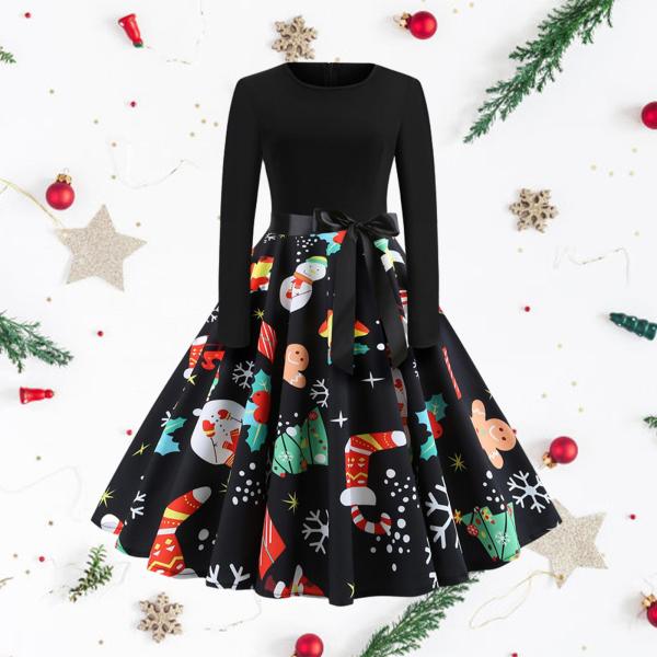 レディースドレス長袖クリスマスドレスAラインカクテルパーティードレスMプリント3